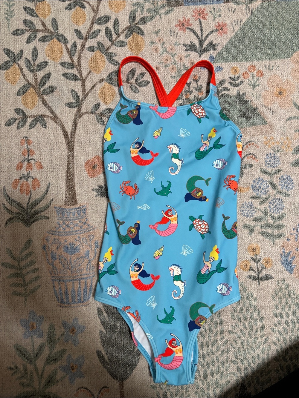 Boden Blue Mermaid Print One-Piece Swimsuit with Red Straps